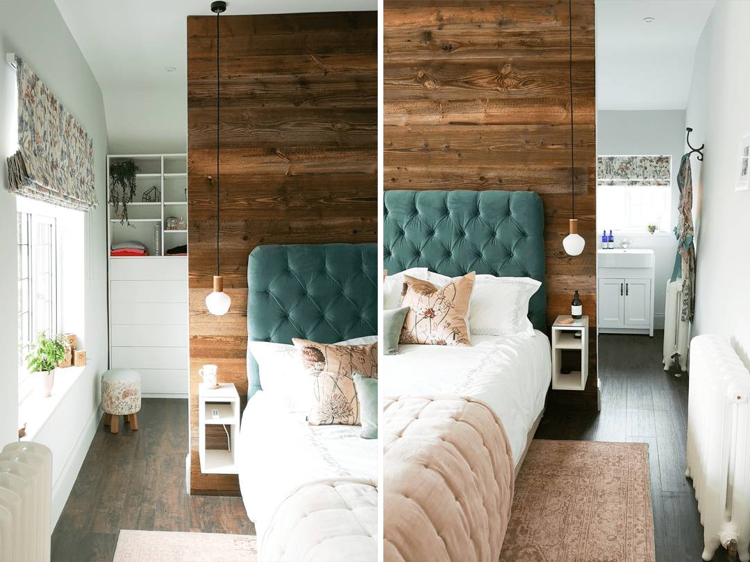 Bedroom with Partition wall and custom cabinetry