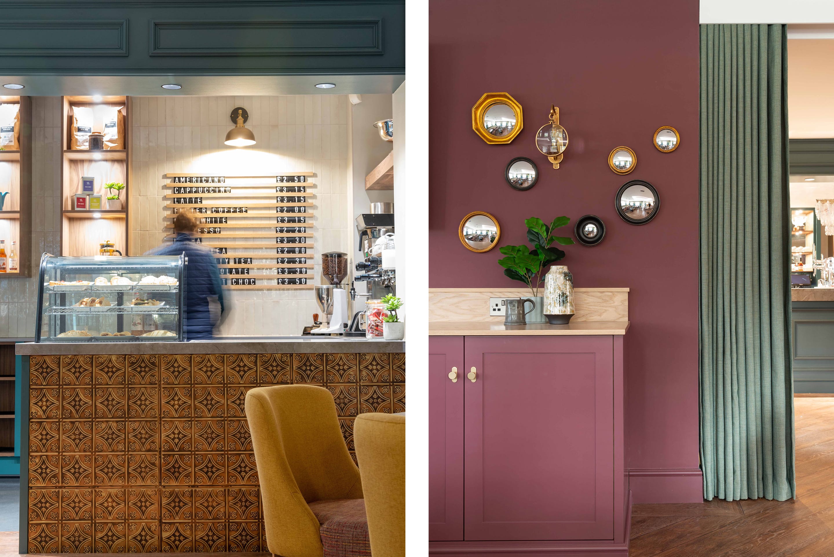 Left hand pictures shows a coffee shop area designed by no 54 interiors with dekton worksurfaces, vertical brick tile walls, and walnut veneer display cabinetry. The right images shows the custom made cabinetry painted in Little Greene's Adventurer 7 - a deep red with oak top and brass handles.
