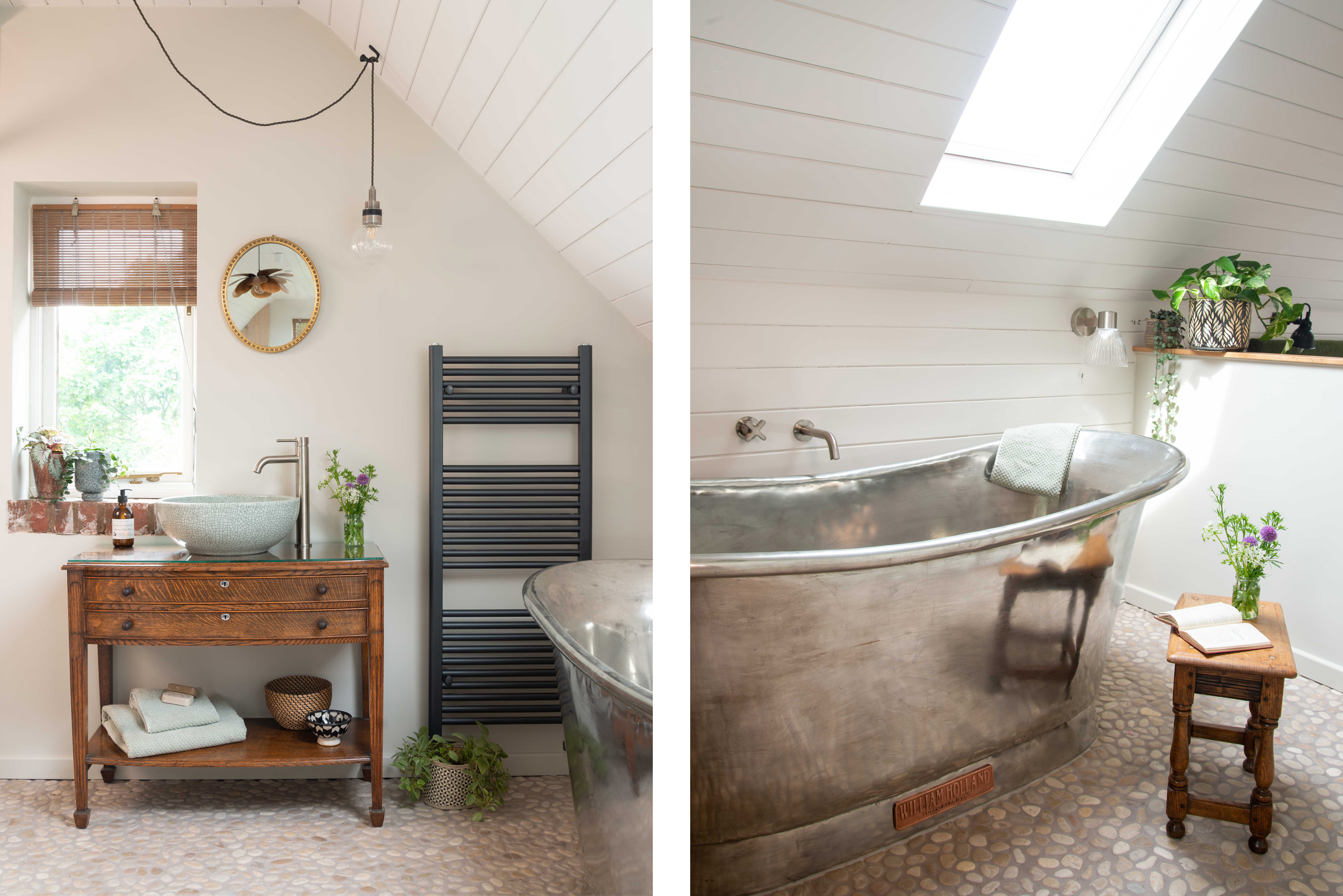 a bathroom in a converted loft space, with quirky pebble floor, a william holland freestanding tin bateau bath and vintage drawers repurposed as a vanity unit with crackle glaze basin