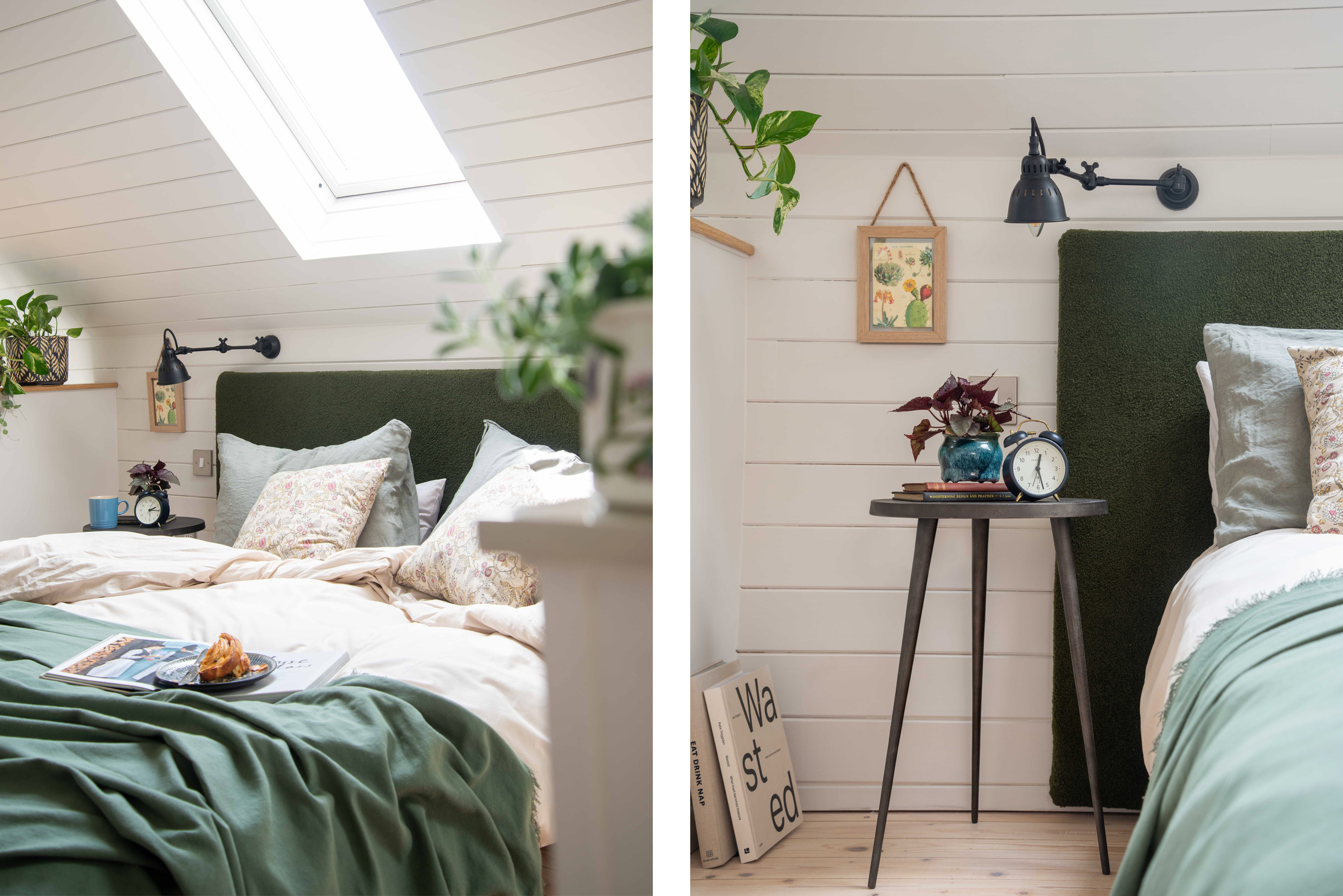 a bedroom in a loft conversion. A custom made headboard in a forest green boucle against white tongue and groove walls for a cosy, contemporary feel. Natural linen bedding and a metal tripod bedside table.  