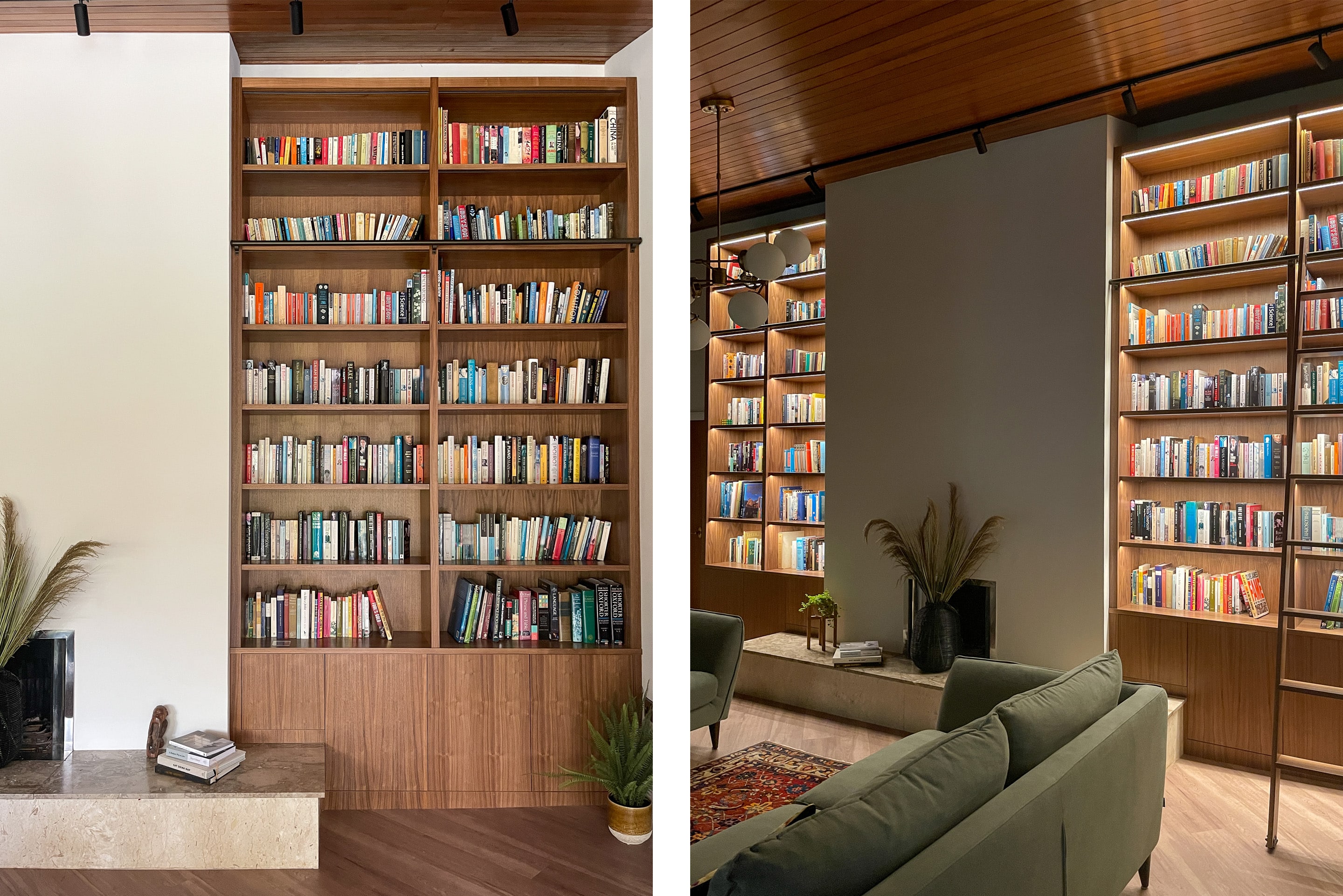 Bespoke bookcases made from walnut veneer on either side of a chimney breast in a mid century house. Grain-matched veneer pattern, a library ladder on lighting on each shelf. 