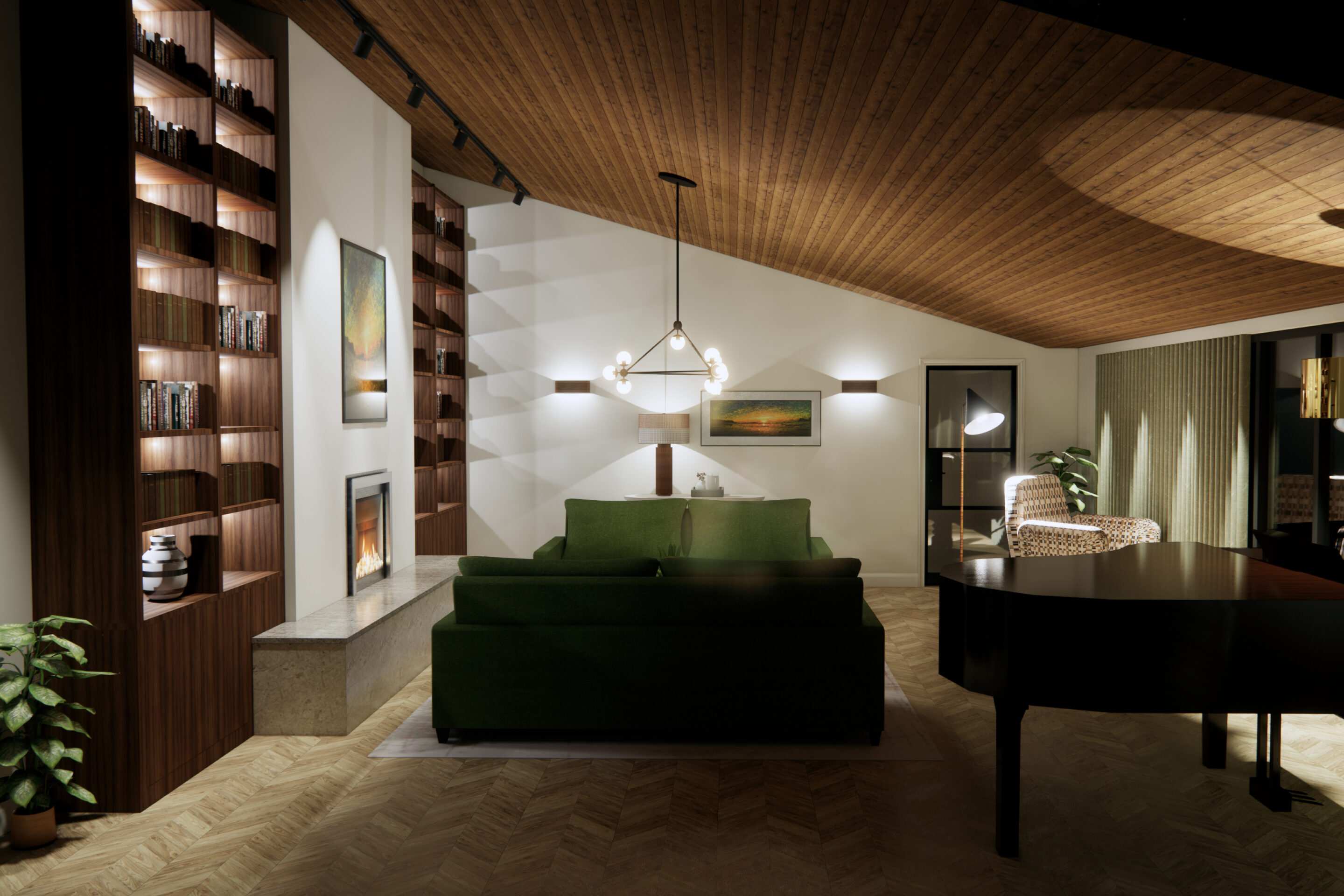 The picture shows a rendered visual of the lighting scheme in a sitting room with Task, Decorative and Ambient Lighting. 