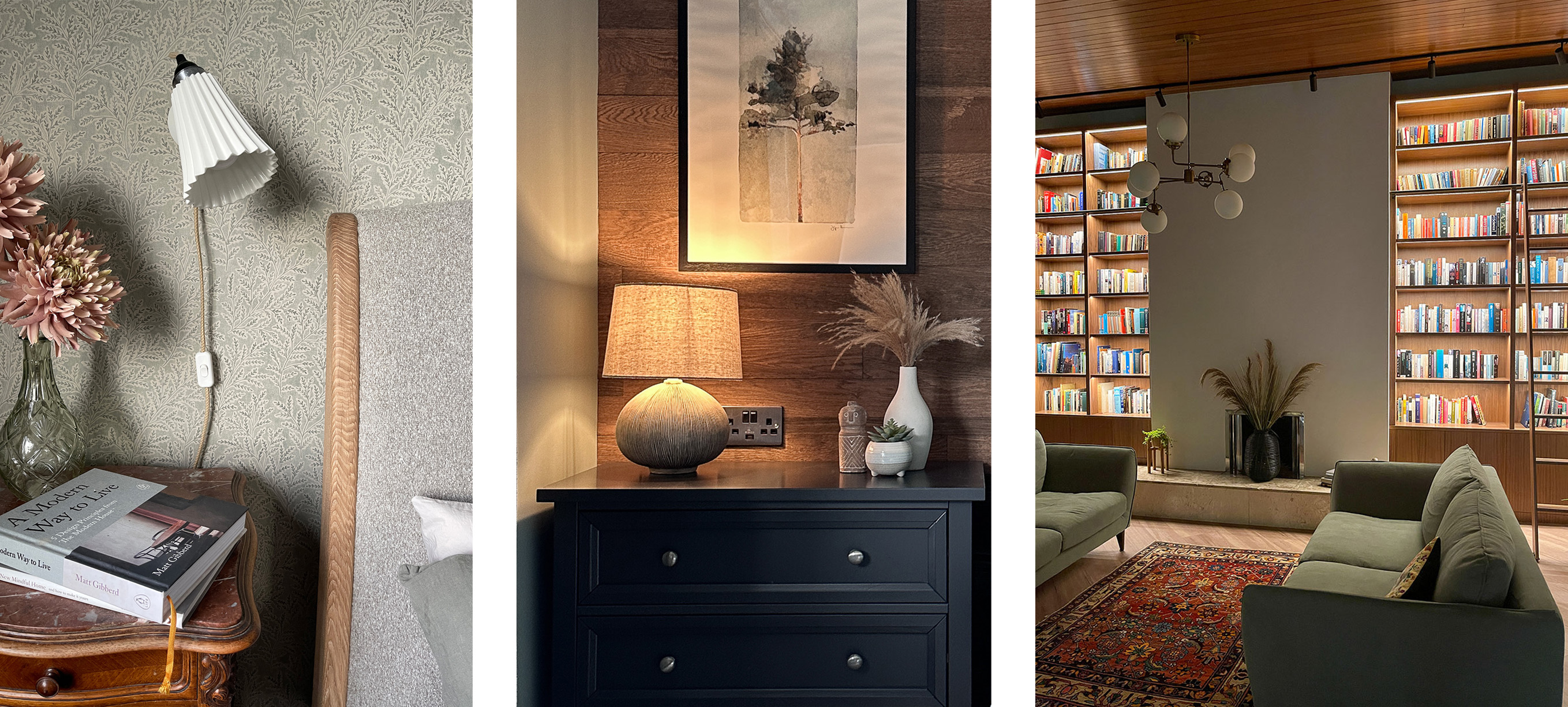 The picture shows three different types of lighting, the first is task lighting showing a bedside wall light, the second is ambient lighting showing a lamp and the third is decorative lighting showing a bookcase with integrated LED lighting.