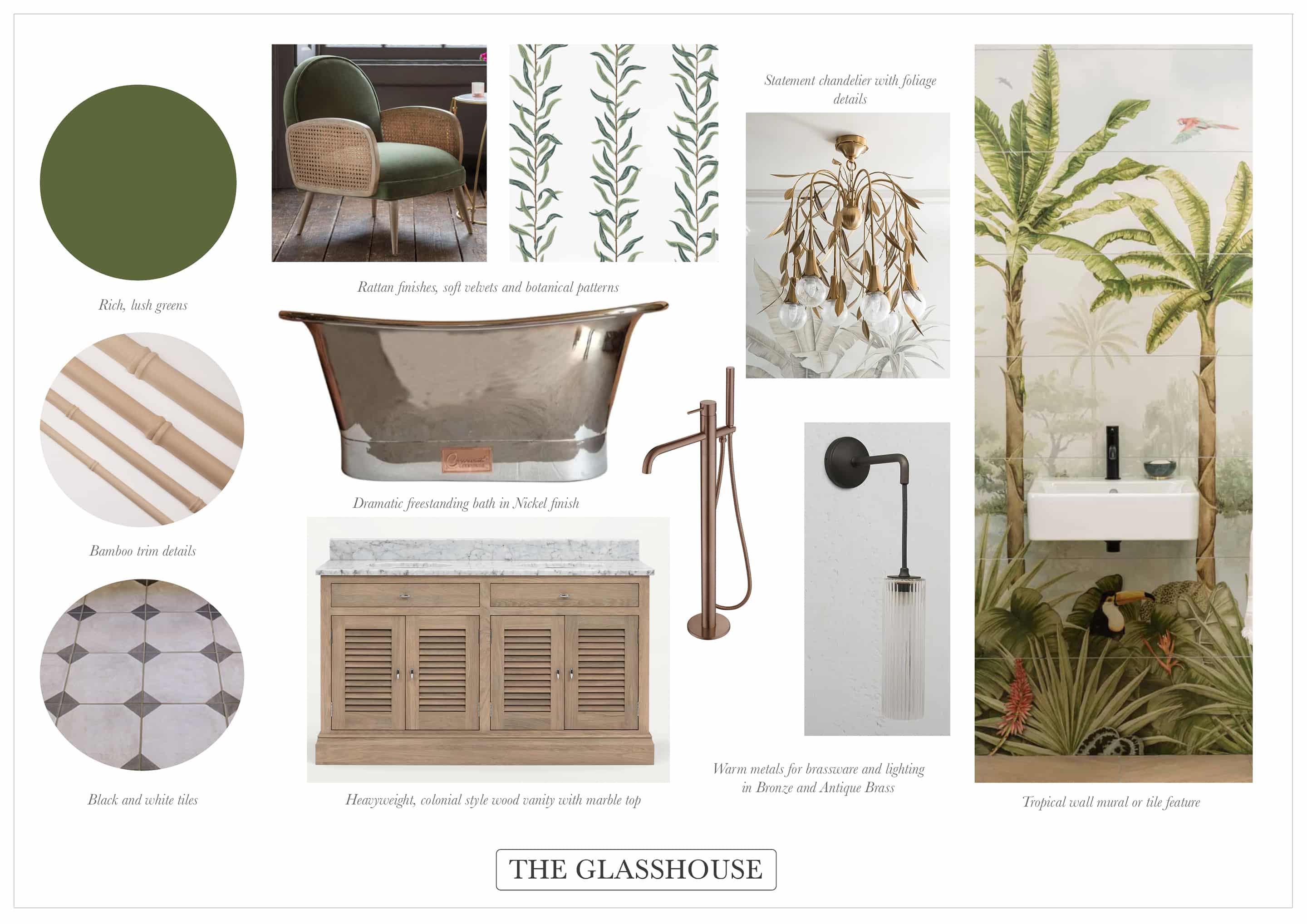 The photo shows a bathroom concept moodboard centred around a glasshouse theme