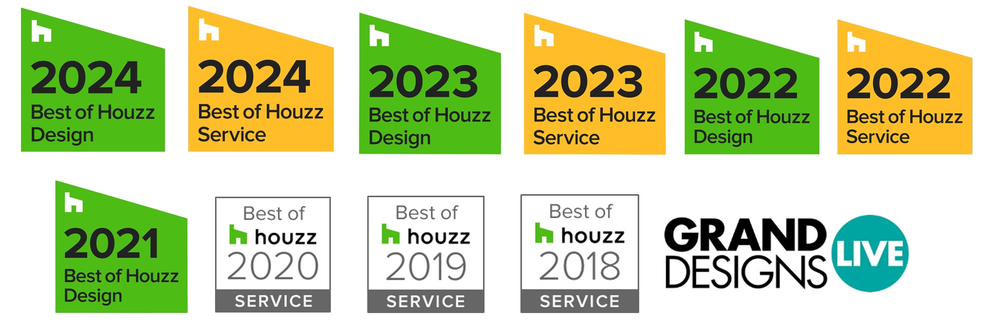 Business Awards we have  won, including Houzz best for Service and Design for 7 years running