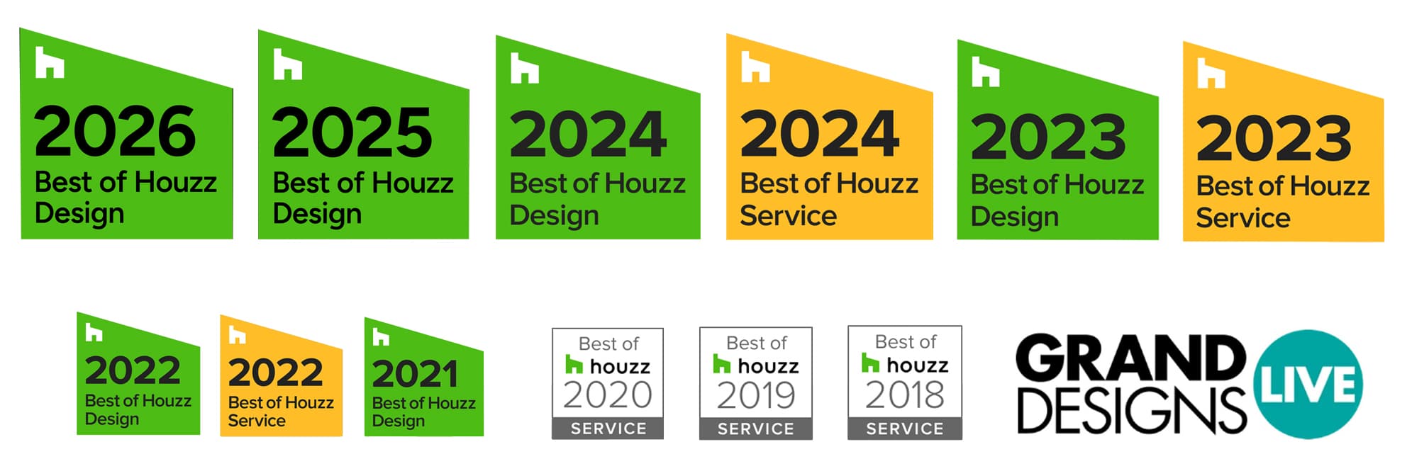 Winners of the prestigious Best of Houzz Award for 9 Consecutive years, and Best Design at Grand Designs Live 2 years running