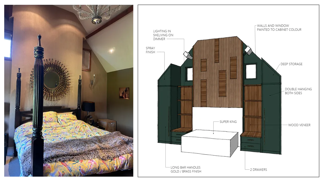 Before photograph of a bedroom with dark furniture alongside an initial design concept featuring tall fitted cabinetry around the bed.