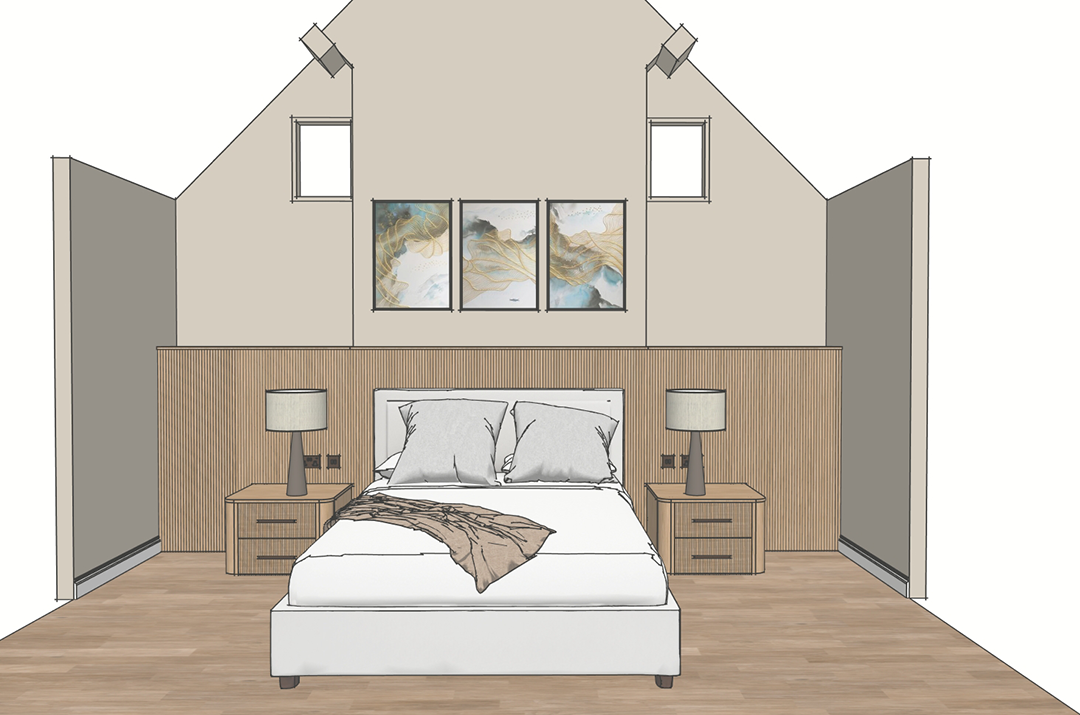 SketchUp design showing the revised bedroom scheme with low-level reeded oak panelling, freestanding bedside cabinets and the vaulted ceiling.