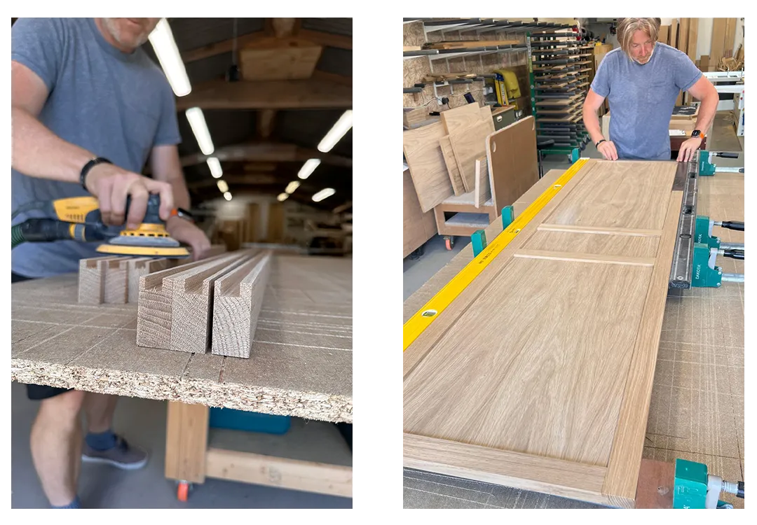 Two workshop photographs showing Shaun preparing solid oak components and assembling a large Shaker-style wardrobe door.